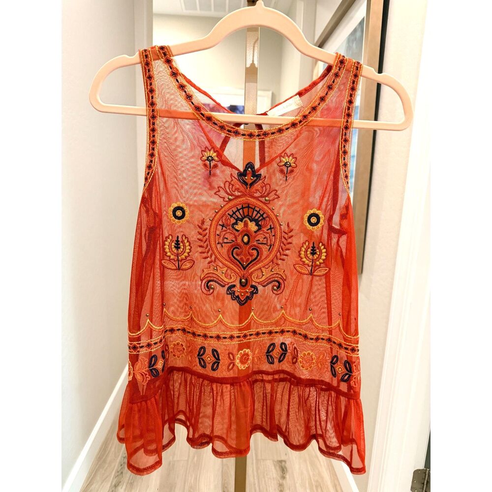 Altar'd State Embroidered Sheer Mesh Top Small Boho Fairycore Festival Orange